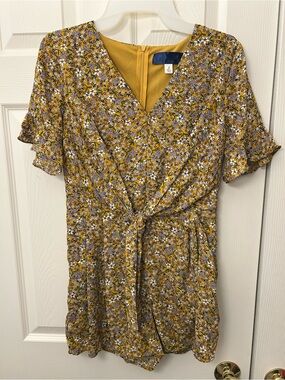 Blue Rain Mustard Yellow Botanical Ditsy Floral Front-Tie Romper - Size S